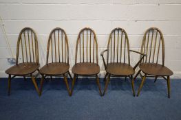 A SET OF FIVE ERCOL QUAKER BACK CHAIRS, including one carver, four with original seat pads