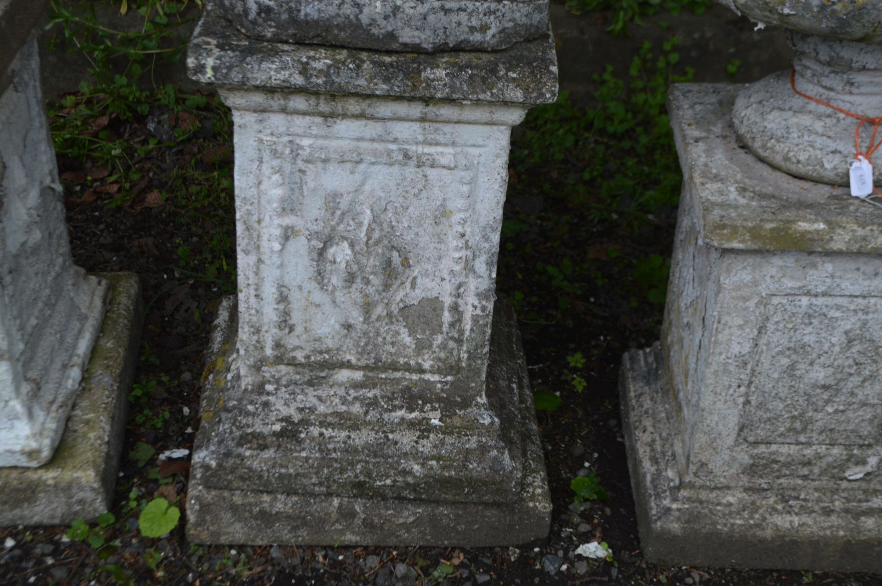 A WEATHERED COMPOSITE GARDEN STATUE of a lady in flowing robes, on a separate matched plinth, - Image 2 of 2