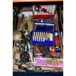 A BOX OF SILVER PLATED, STAINLESS STEEL AND OTHER CUTLERY, etc, including cased and loose