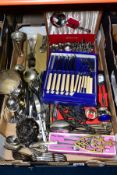 A BOX OF SILVER PLATED, STAINLESS STEEL AND OTHER CUTLERY, etc, including cased and loose