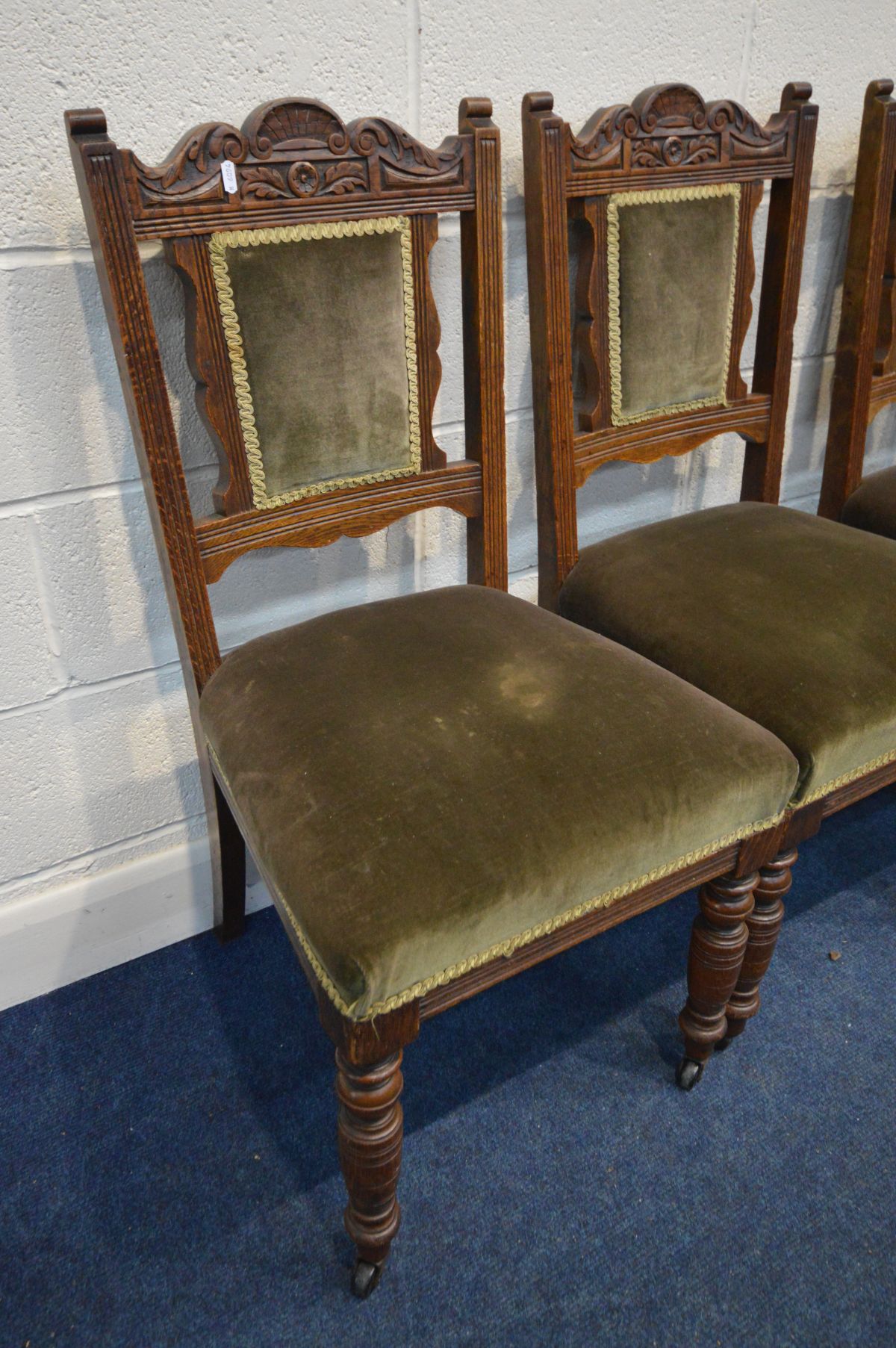 A SET OF SIX EDWARDIAN DINING CHAIRS with dark green upholstery on ceramic casters - Image 2 of 2