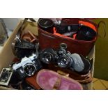 CAMERAS, ACCESSORIES AND BINOCULARS, one box containing a miscellaneous collection of items