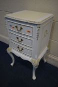 A PAINTED FRENCH THREE DRAWER BEDSIDE CABINET