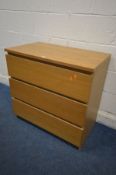 A MODERN OAK FINISH CHEST OF THREE DRAWERS, width 81cm x depth 49cm x height 78cm