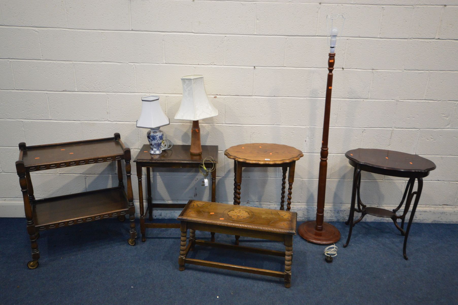 A QUANTITY OF OCCASSIONAL FURNITURE to include an oak pie crusted barley twist table, an oak