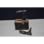 A VINTAGE COBBLERS REPAIR BLOCK with two shoe lasts and a holder mounted on a wooden block (3)