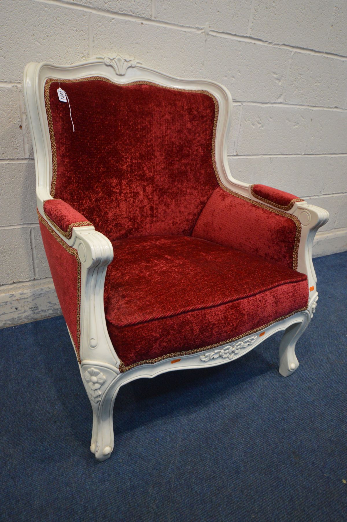 A VICTORIAN STYLE ARM CHAIR, with red upholstery and white painted frame, width 73cm x inner width - Image 2 of 2