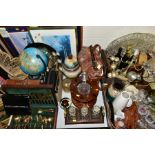 THREE BOXES AND LOOSE GLASSWARE AND MISCELLANEOUS ITEMS, to include a three decanter open top oak