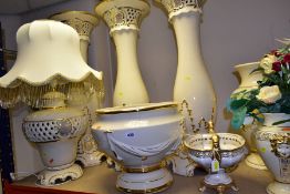 A QUANTITY OF MODERN ITALIAN CREAM AND GILT POTTERY JARDINIERE STANDS, JARDINIERES, etc, top include