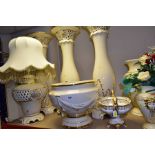 A QUANTITY OF MODERN ITALIAN CREAM AND GILT POTTERY JARDINIERE STANDS, JARDINIERES, etc, top include