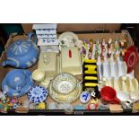 TWO BOXES OF NOVELY CERAMICS, WEDGWOOD PALE BLUE JASPERWARE AND METALWARES, ETC, to include two