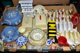 TWO BOXES OF NOVELY CERAMICS, WEDGWOOD PALE BLUE JASPERWARE AND METALWARES, ETC, to include two