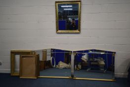 A PAIR OF MODERN BEVEL EDGED EMPIRE STYLE MIRRORS, 128cm x 94cm, together with a giltwood mirror and