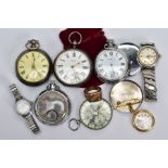 A SELECTION OF POCKET WATCHES, WRISTWATCHES, A COMPASS AND RING, to include a silver open face