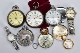 A SELECTION OF POCKET WATCHES, WRISTWATCHES, A COMPASS AND RING, to include a silver open face