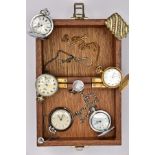 A WOODEN BOX OF NOVELTY POCKET WATCHES AND A VESTA, the wooden box approximate dimensions 18cm x