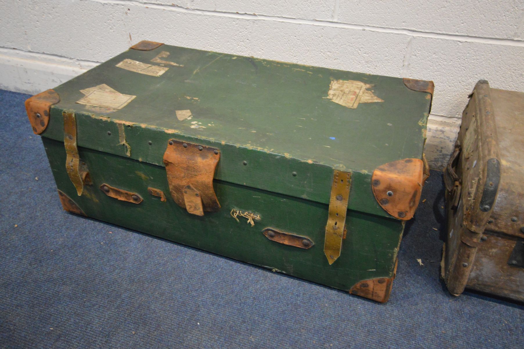 A VINTAGE GREEN FINISH HEWSON AND HUTCHINSON TRAVELING TRUNK, and a another trunk, both with - Image 2 of 3