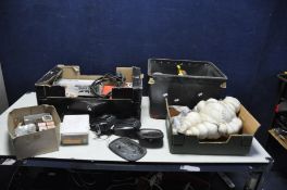 THREE TRAYS CONTAINING AUTOMOTIVE SPARES AND MEMORABILIA including a damaged Michelin Man 47cm high,