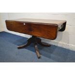 A MAHOGANY REGENCY PEMBROKE PEDESTAL TABLE, drawer with hoop handles to one side, dummy drawer to