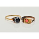 TWO YELLOW METAL GEM SET RINGS, to include an agate cabochon ring, trifurcated shoulders, stamped '