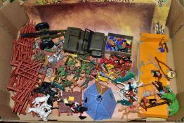A QUANTITY OF ASSORTED TIMPO PLASTIC FIGURES, various soldiers, cowboys and Native Americans,