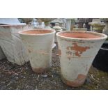 A PAIR OF TAPERED CYLINDRICAL TERRACOTTA PLANTERS, stamped to side 'Yorkshire flowerpots', outer