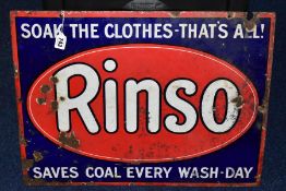 AN EARLY 20TH CENTURY ENAMEL ADVERTISING SIGN, 'Rinso' blue background with red logo and border with