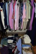 THREE BOXES AND LOOSE LADIES AND MENS WEAR, to include mens Gabbici golfing jumpers (m), three