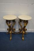 A PAIR OF LATE 20TH CENTURY GILTWOOD CIRCULAR LAMP TABLES, marble top, on triple scrolled and