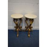 A PAIR OF LATE 20TH CENTURY GILTWOOD CIRCULAR LAMP TABLES, marble top, on triple scrolled and