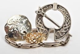 A 9CT GOLD CELTIC DIAMOND SET RING, TWO CELTIC BROOCHES AND A LINE BRACELET, the Celtic signet