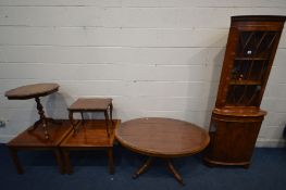 FOUR VARIOUS YEWWOOD FURNITURE, to include an oval coffee table (repair to pedestal) a glazed corner