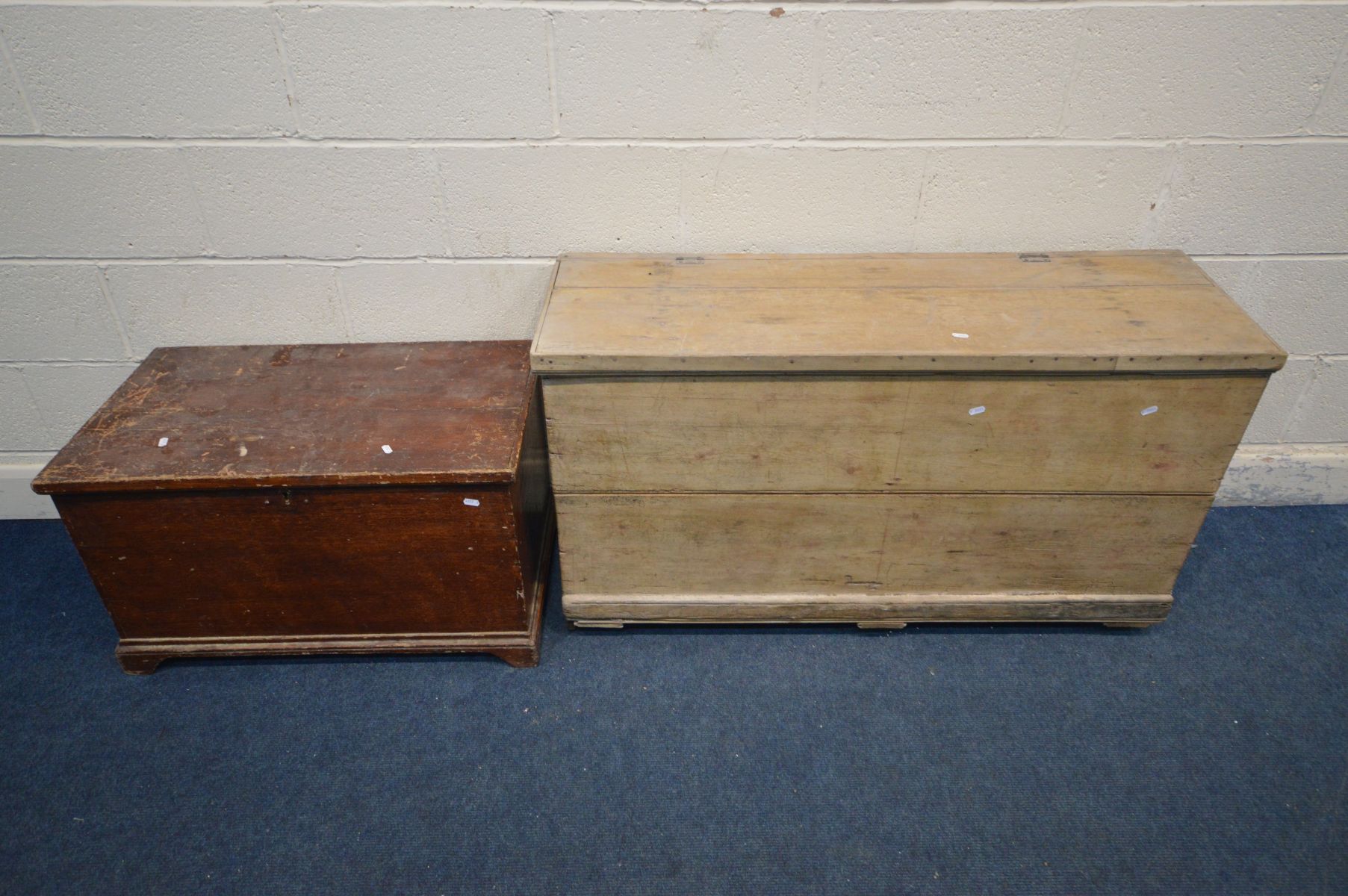 A PINE STORAGE CHEST, incorporating older timbres, length 118cm x depth 40cm x height 65cm