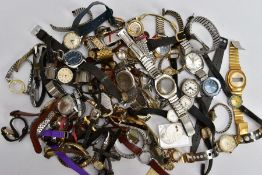A BOX OF ASSORTED LADIES AND GENT'S WRISTWATCHES, various designs, styles and colours, some fitted