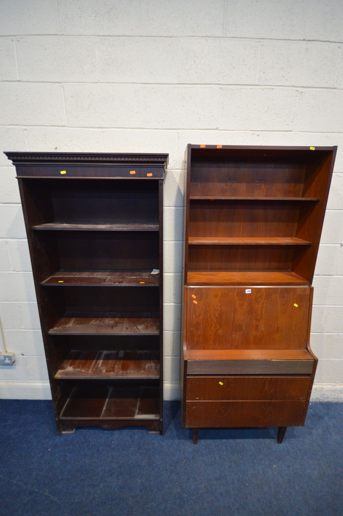 A MID 20TH CENTURY TEAK BUREAU BOOKCASE, two adjustable shelves above a fall front door enclosing