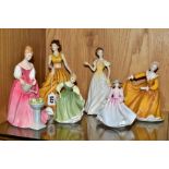 FIVE ROYAL DOULTON FIGURES, Karen HN5021, Alexandra HN3292, Katrina HN4467, Kirsty HN4783, and