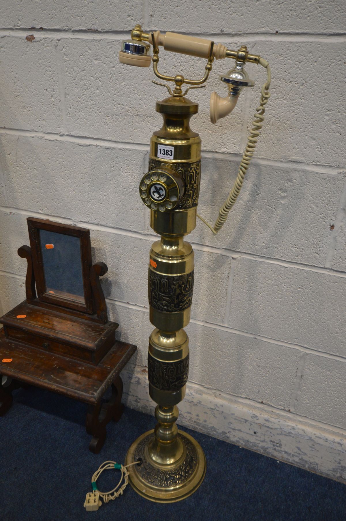 A VINTAGE BRASS FLOORSTANDING DIAL PHONE, height 106cm together with a dressing table mirror and a - Image 2 of 5