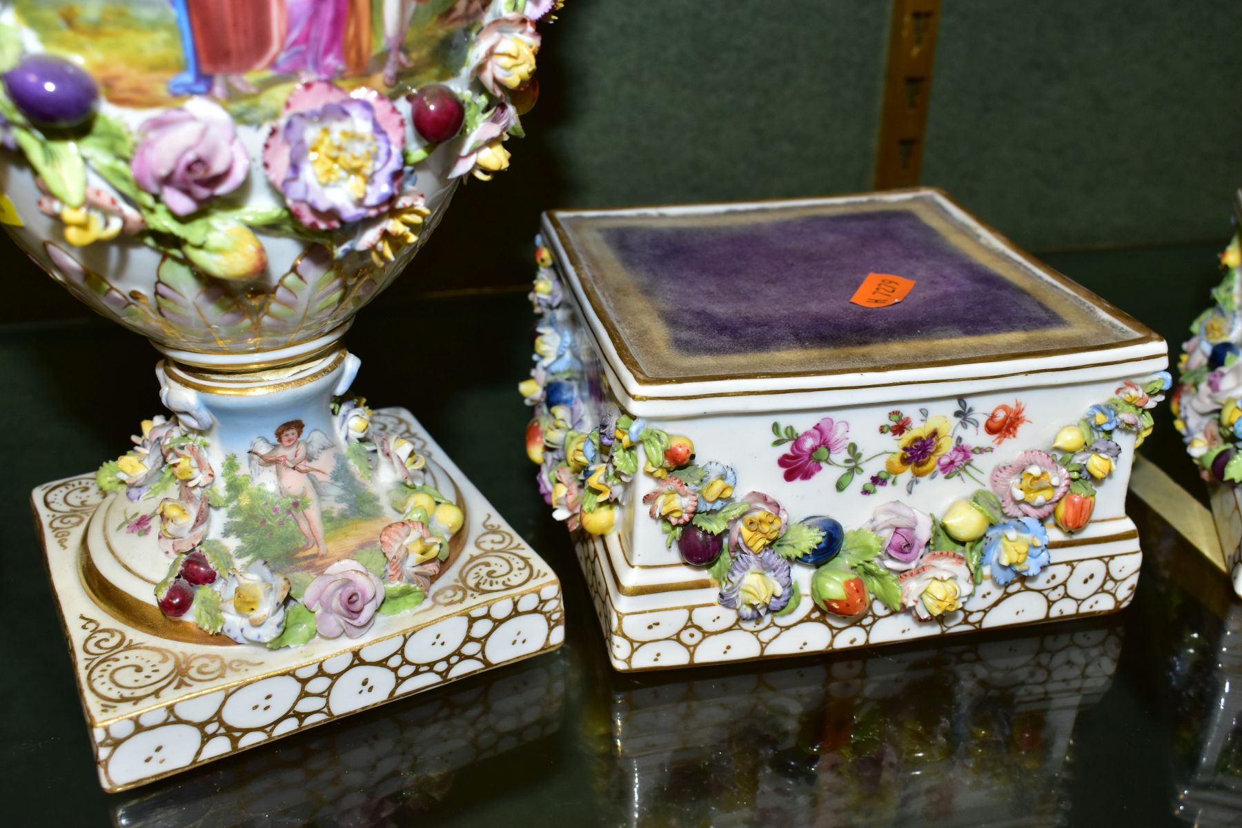 A PAIR OF EARLY 20TH CENTURY POTSCHAPPEL PORCELAIN TWIN HANDLED FLORAL ENCRUSTED VASES ON PLINTHS, - Image 19 of 20