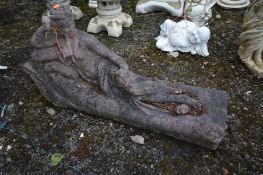 A TERRACOTTA GARDEN FIGURE of a female in flowing robes relaxing on a day bed, length 94cm, loose