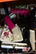 TWO BOXES OF EVENING BAGS/PURSES AND HANDBAGS, some purchased from Newlife, includes sequined,