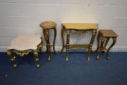 FOUR VARIOUS LATE 20TH CENTURY GILTWOOD FRENCH STYLE TABLES, to include a wavy marble topped