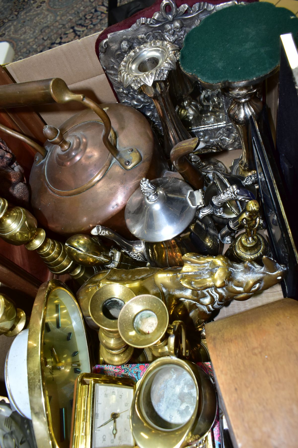 A BOX OF METALWARE, including a Carrs modern hallmarked silver photograph frame, (inner measurements - Image 6 of 6