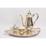 A SILVER PLATE 'IONEIDA' THREE PIECE COFFEE SET AND DOUBLE HANDLED TRAY, to include coffee pot