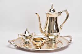 A SILVER PLATE 'IONEIDA' THREE PIECE COFFEE SET AND DOUBLE HANDLED TRAY, to include coffee pot