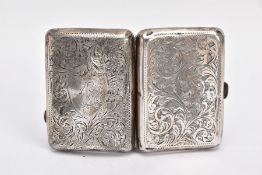 A GEORGE V SILVER CIGARETTE CASE, foliage engraved design, engraved shield shaped cartouche, push