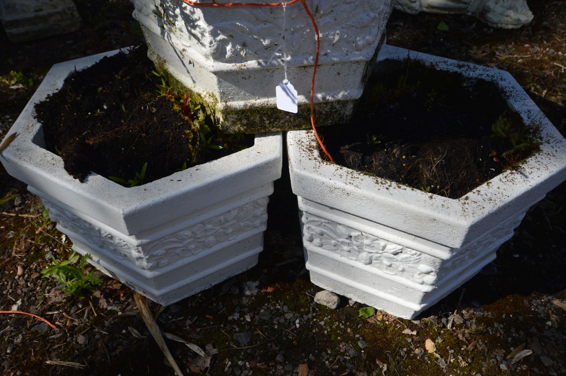 A SET OF FOUR COMPOSITE HEXAGONAL PLANTERS, later painted white, diameter 33cm x height 26cm - Image 2 of 2