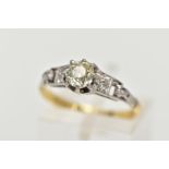 AN 18CT GOLD DIAMOND RING, centring on a claw set, old cushion cut diamond, approximate dimensions