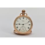 A GOLD PLATED OPEN FACE 'WALTHAM' POCKET WATCH, round white dial signed 'Waltham U.S.A' Roman