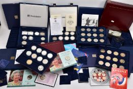 FIVE BOXES OF UK COINAGE to include silver proofs of Great Britain, Brunel, Churchill, Darwin,
