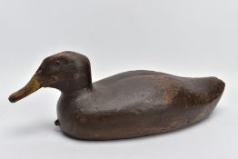 A LATE 19TH CENTURY HAND CARVED WOOD DECOY DUCK, circa 1870, with traces of hand painted detail,